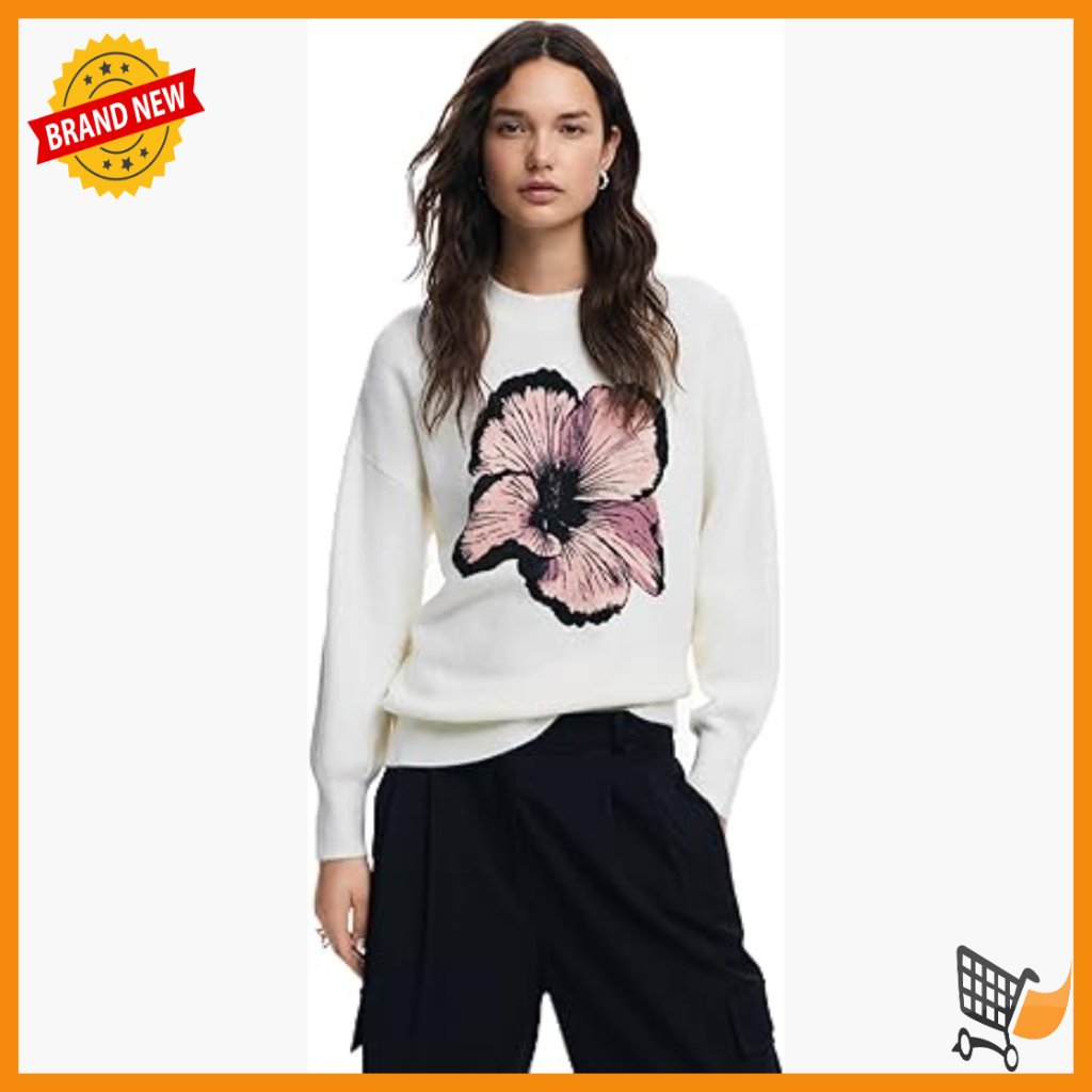 Thick Recycled Acrylic Pullover Sweater With Contrast Flower Print